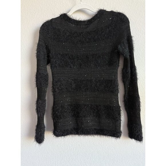 LOFT Women’s PXS Black Wool Blend Long Sleeve Sweater Fuzzy Stripes Pullover - Picture 10 of 11